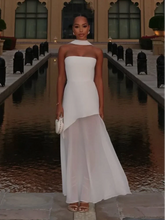Load image into Gallery viewer, Elegant White Mesh Splicing Slim Women Strapless Dress Chic Scarf Neck Off Shoulder High Waist Long Dresses Lady Party Robes
