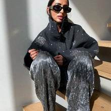 Load image into Gallery viewer, Casual Embroidery Beading Loose Women Coat Lapel Collar Bat Sleeve Solid Wool Blend Jacket 2025 New Lady Luxury Spring Outerwear
