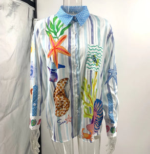 Bohemia Satin Print Loose Two Piece Sets Women Causal Long Sleeve Shirts+Long Wide Leg Pants Female Beach Summer Outfits