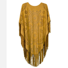 Load image into Gallery viewer, Camel Suede Floral Hollow Out Fringe Tassel Shawl Women Vintage Capes Ponchos Autumn Bohemian cardigan Cloak Boho Capes
