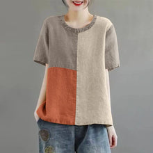 Load image into Gallery viewer, Women Patchwork Blouse 2024 Summer Short Sleeve Tunics Fashion Round Neck Shirts Casual Loose Holiday Cotton Linen Tops
