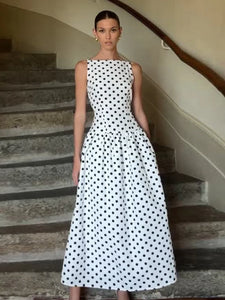 Elegant Women Polka Dot Maxi Dresses Chic Sleeveless Round Neck High Waist Slim Long Vestidos 2025 Lady Party Street New Dress