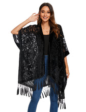Load image into Gallery viewer, WeHello Bohemian burnt plush kimono Women&#39;s long Purple Tassel Beach Cover-up  Holiday Casual Cardigan Shawl JYPF-20
