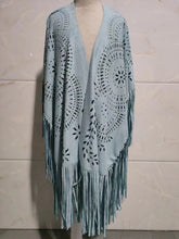 Load image into Gallery viewer, Camel Suede Floral Hollow Out Fringe Tassel Shawl Women Vintage Capes Ponchos Autumn Bohemian cardigan Cloak Boho Capes
