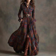 Load image into Gallery viewer, European American Women&#39;s Shirt Maxi Dress Autumn Casual Long Sleeve Button Pocket Plaid Print Lapel Retro Long Dress Vestidos
