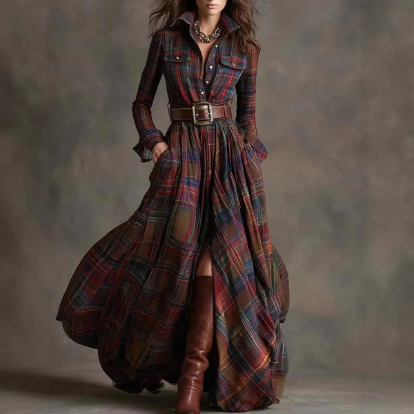 European American Women's Shirt Maxi Dress Autumn Casual Long Sleeve Button Pocket Plaid Print Lapel Retro Long Dress Vestidos