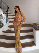 Load image into Gallery viewer, Elegant Flower Print Short Sleeve Shirt Long Skirt Set Women Bodycon O-neck Tops Skirt 2025 New Vocation Beach Street Outfit
