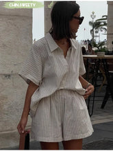 Load image into Gallery viewer, Women Fashion Stripe Print Lace-up Shorts Set Oversized Lapel Short Sleeve Single Breasted Shirts Suit Lady Casual Street Outfit
