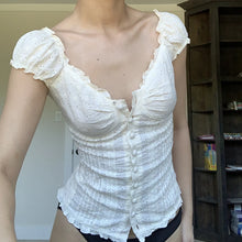 Load image into Gallery viewer, 90s French Vintage Floral T-shirt Fairy Grunge Kawaii Button Frill V Neck Pullovers Tee Women Y2K Aesthetic White Crop Top Retro
