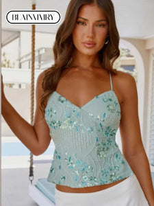 Fashion Solid Sequins Halter Crop Tops For Women Glitter Y2k Backless Lace-up Slim V Neck Top Summer Party Camisole Tank Shirts