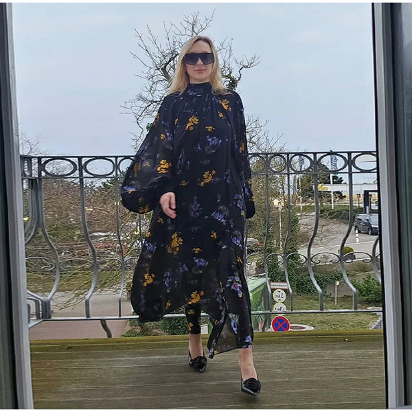 Elegant Printed Boho Long Dresses Women Loose Chic Turtleneck Lantern Sleeve Floral Robes 2025 Spring Summer Lady Vacation Dress