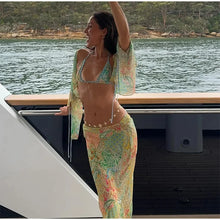 Load image into Gallery viewer, Beach Printed Bikini Skirts Set Women&#39;s Sexy Backless Sleeveless Lace-up Swimwear Long Skirt 2025 Summer New Lady Vacation Suit
