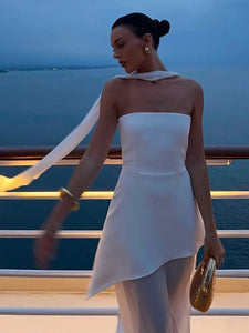 Elegant White Mesh Splicing Slim Women Strapless Dress Chic Scarf Neck Off Shoulder High Waist Long Dresses Lady Party Robes