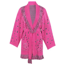 Load image into Gallery viewer, Tassel Patchwork Printed Cardigan Women Geometric Patterns Belts V-neck Long Sleeve Knitted Street Lady Sweater 2025 Autumn Coat
