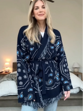 Load image into Gallery viewer, Tassel Patchwork Printed Cardigan Women Geometric Patterns Belts V-neck Long Sleeve Knitted Street Lady Sweater 2025 Autumn Coat
