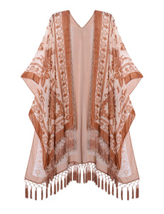 WeHello Bohemian burnt plush kimono Women's long Purple Tassel Beach Cover-up  Holiday Casual Cardigan Shawl JYPF-20