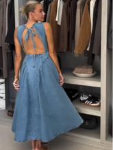 Load image into Gallery viewer, Sexy Women Backless Lace Up High Waisted Denim Dress Fashion O Neck Sleeveless A Line Dresses Spring Chic Lady Street Robes
