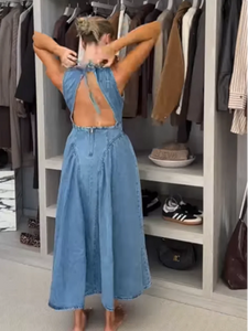 Sexy Women Backless Lace Up High Waisted Denim Dress Fashion O Neck Sleeveless A Line Dresses Spring Chic Lady Street Robes