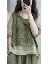 Load image into Gallery viewer, Faionable Cotton Linen Set Women&#39;s Summer New Print Patchwork Slimming Two-Piece Top Harlan Pants Fake Two-Piece Suit
