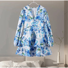 Load image into Gallery viewer, Elegant Print Ruffles Mini Dress Women Deep V Neck Long Sleeves A Line Dresses Female 2025 Spring New Fashion Fluffy Robe Lady
