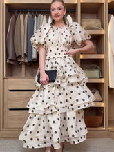 Load image into Gallery viewer, Chic Puffy Layered Ruffles Polka Dot Print Skirt Sets Women Elegant O-neck Bubble Short Sleeve Tops Suit lady Evening Partywear
