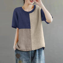 Load image into Gallery viewer, Women Patchwork Blouse 2024 Summer Short Sleeve Tunics Fashion Round Neck Shirts Casual Loose Holiday Cotton Linen Tops
