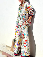 Load image into Gallery viewer, Women&#39;s Fall Casual Outfits Floral Print Long Sleeve Button Down Lapel Shirt with Elastic Waist Wide Leg Pants Sets Streetwear
