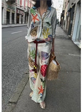 Load image into Gallery viewer, Bohemia Satin Print Loose Two Piece Sets Women Causal Long Sleeve Shirts+Long Wide Leg Pants Female Beach Summer Outfits
