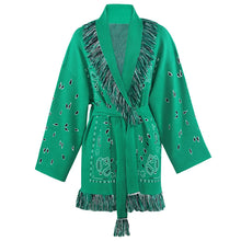 Load image into Gallery viewer, Tassel Patchwork Printed Cardigan Women Geometric Patterns Belts V-neck Long Sleeve Knitted Street Lady Sweater 2025 Autumn Coat
