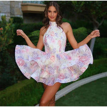 Load image into Gallery viewer, Floral Print Halter Ruffles Dresses Women&#39;s Elegant Backless Sleeveless Bow Lace Up Mini Dress 2025 Summer New Lady Party Robes
