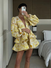 Load image into Gallery viewer, Elegant Print Ruffles Mini Dress Women Deep V Neck Long Sleeves A Line Dresses Female 2025 Spring New Fashion Fluffy Robe Lady
