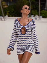 Load image into Gallery viewer, Sexy Boho Striped Chic V-neck Cut Out Bell Sleeve Knit Beach Mini Dress 2025 Summer Women Seaside Holiday Swimsuit Cover Up K123
