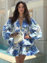 Load image into Gallery viewer, Elegant Print Ruffles Mini Dress Women Deep V Neck Long Sleeves A Line Dresses Female 2025 Spring New Fashion Fluffy Robe Lady
