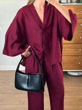 Load image into Gallery viewer, Summer Brown Cotton Linen Loose Pants Sets Fashion V-neck Lace Up Long Sleeve Shirt Suit 2025 New Women&#39;s Casual 2 Piece Outfits
