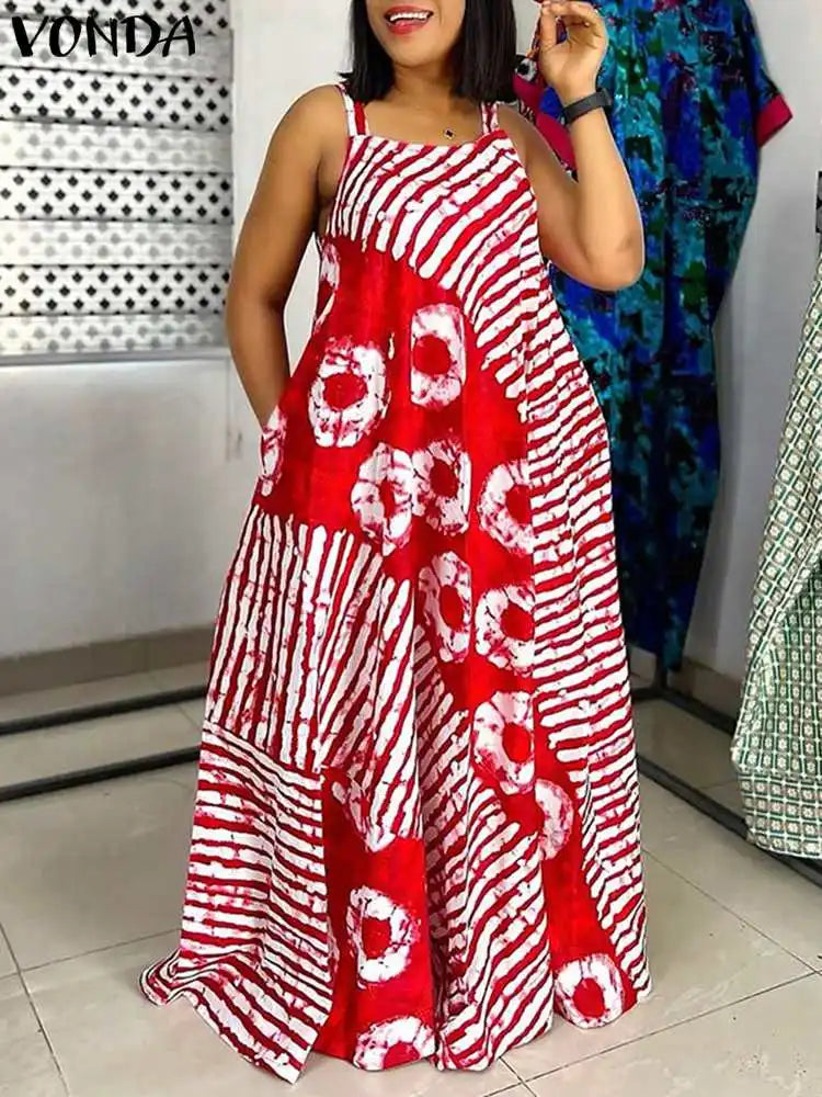 Maxi Long Dress Sexy Sleeveless Bohemian Printed Party Sundress 2024 VONDA Summer Tank Vestidos Beach Loose Casual Robe Oversize