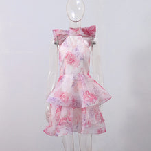 Load image into Gallery viewer, Floral Print Halter Ruffles Dresses Women&#39;s Elegant Backless Sleeveless Bow Lace Up Mini Dress 2025 Summer New Lady Party Robes
