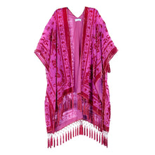 Load image into Gallery viewer, WeHello Bohemian burnt plush kimono Women&#39;s long Purple Tassel Beach Cover-up  Holiday Casual Cardigan Shawl JYPF-20
