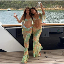Load image into Gallery viewer, Beach Printed Bikini Skirts Set Women&#39;s Sexy Backless Sleeveless Lace-up Swimwear Long Skirt 2025 Summer New Lady Vacation Suit
