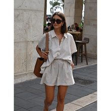 Load image into Gallery viewer, Women Fashion Stripe Print Lace-up Shorts Set Oversized Lapel Short Sleeve Single Breasted Shirts Suit Lady Casual Street Outfit
