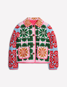 Women's Fashion Print Panelled Quilted Cotton Jacket Long Sleeve Pocket Cardigan Coat 2025 Autumn Winter Daily Casual Outerwear