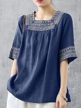 Load image into Gallery viewer, Elegant Women Square Neck Half Sleeve Work Blouses Summer Embroidery Shirt Fashion Holiday Tunic Tops Loose Blusas Mujer
