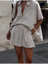 Load image into Gallery viewer, Women Fashion Stripe Print Lace-up Shorts Set Oversized Lapel Short Sleeve Single Breasted Shirts Suit Lady Casual Street Outfit
