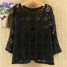 Load image into Gallery viewer, Sexy Hollow Lace Sunscreen Cardigan Sweater Women Wide Loose Air Conditioning Knitted Sweater Thin Section Female Spring Autumn
