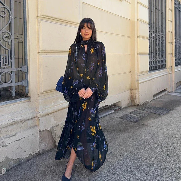 Elegant Printed Boho Long Dresses Women Loose Chic Turtleneck Lantern Sleeve Floral Robes 2025 Spring Summer Lady Vacation Dress