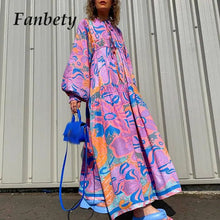 Load image into Gallery viewer, Autumn Fashion Boho Holiday Pleated Dress Women Floral Print Lace-Up Maxi Dress Casual Vintage Lantern Sleeve Loose A-Line Dress
