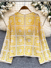 Load image into Gallery viewer, Vintage Boho Loose Plaid Cardigans Female Long Sleeves Hook Flower Hollow Tops 2025 Vacation Sunscreen Casual Shirt
