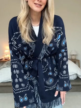 Load image into Gallery viewer, Tassel Patchwork Printed Cardigan Women Geometric Patterns Belts V-neck Long Sleeve Knitted Street Lady Sweater 2025 Autumn Coat
