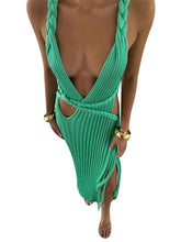 Load image into Gallery viewer, Sexy Knit High Slit Backless Long Dress Women Green Ribbed Hollow V-neck Dresses Female 2025 Summer Lady Beach Party Robes New
