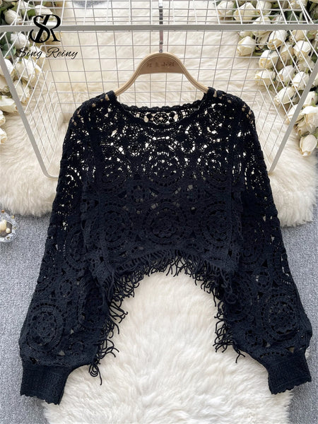 Autumn Casual Loose Knitting Top O Neck Hook Flower Hollow Long Sleeved Tassel Design Fashion French Vintage Blouse