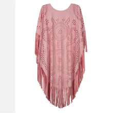 Load image into Gallery viewer, Camel Suede Floral Hollow Out Fringe Tassel Shawl Women Vintage Capes Ponchos Autumn Bohemian cardigan Cloak Boho Capes
